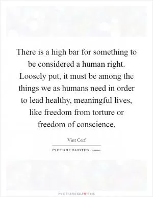 There is a high bar for something to be considered a human right. Loosely put, it must be among the things we as humans need in order to lead healthy, meaningful lives, like freedom from torture or freedom of conscience Picture Quote #1
