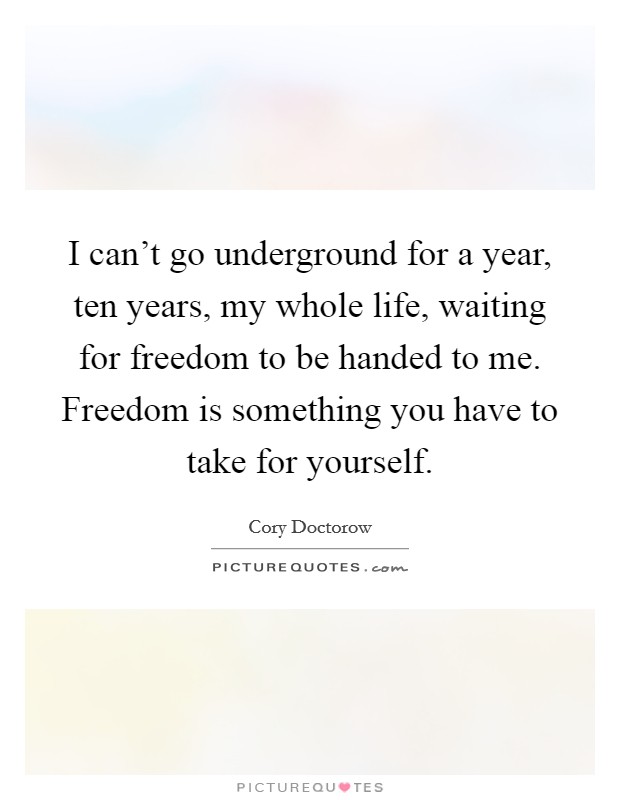 I can't go underground for a year, ten years, my whole life, waiting for freedom to be handed to me. Freedom is something you have to take for yourself. Picture Quote #1