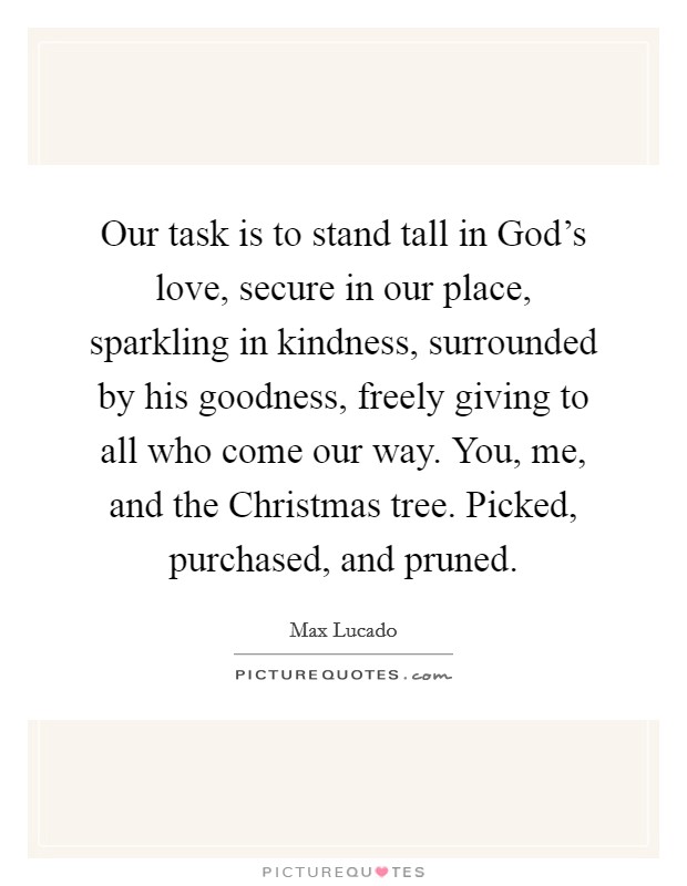 Our task is to stand tall in God's love, secure in our place, sparkling in kindness, surrounded by his goodness, freely giving to all who come our way. You, me, and the Christmas tree. Picked, purchased, and pruned. Picture Quote #1