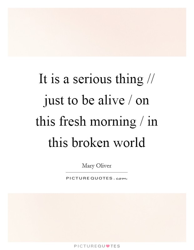 It is a serious thing // just to be alive / on this fresh morning / in this broken world Picture Quote #1