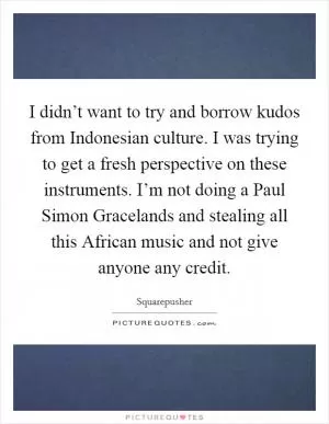 I didn’t want to try and borrow kudos from Indonesian culture. I was trying to get a fresh perspective on these instruments. I’m not doing a Paul Simon Gracelands and stealing all this African music and not give anyone any credit Picture Quote #1