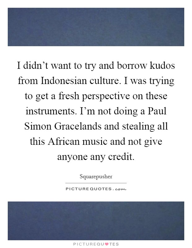 I didn't want to try and borrow kudos from Indonesian culture. I was trying to get a fresh perspective on these instruments. I'm not doing a Paul Simon Gracelands and stealing all this African music and not give anyone any credit. Picture Quote #1
