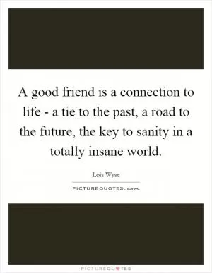 A good friend is a connection to life - a tie to the past, a road to the future, the key to sanity in a totally insane world Picture Quote #1