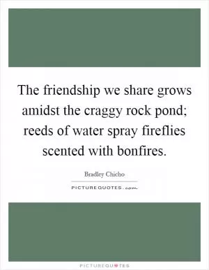 The friendship we share grows amidst the craggy rock pond; reeds of water spray fireflies scented with bonfires Picture Quote #1