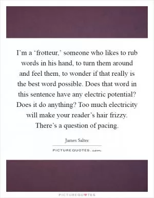 I’m a ‘frotteur,’ someone who likes to rub words in his hand, to turn them around and feel them, to wonder if that really is the best word possible. Does that word in this sentence have any electric potential? Does it do anything? Too much electricity will make your reader’s hair frizzy. There’s a question of pacing Picture Quote #1