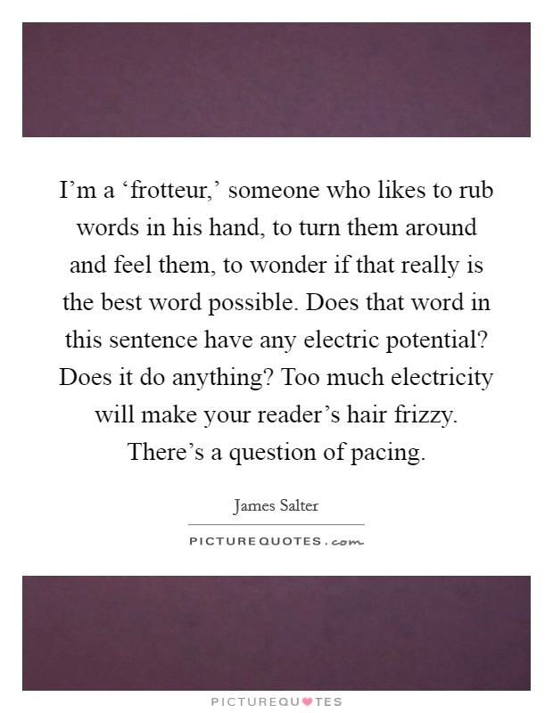 I'm a ‘frotteur,' someone who likes to rub words in his hand, to turn them around and feel them, to wonder if that really is the best word possible. Does that word in this sentence have any electric potential? Does it do anything? Too much electricity will make your reader's hair frizzy. There's a question of pacing. Picture Quote #1