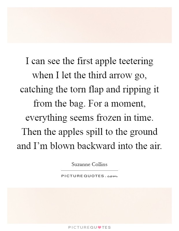 I can see the first apple teetering when I let the third arrow go, catching the torn flap and ripping it from the bag. For a moment, everything seems frozen in time. Then the apples spill to the ground and I'm blown backward into the air. Picture Quote #1