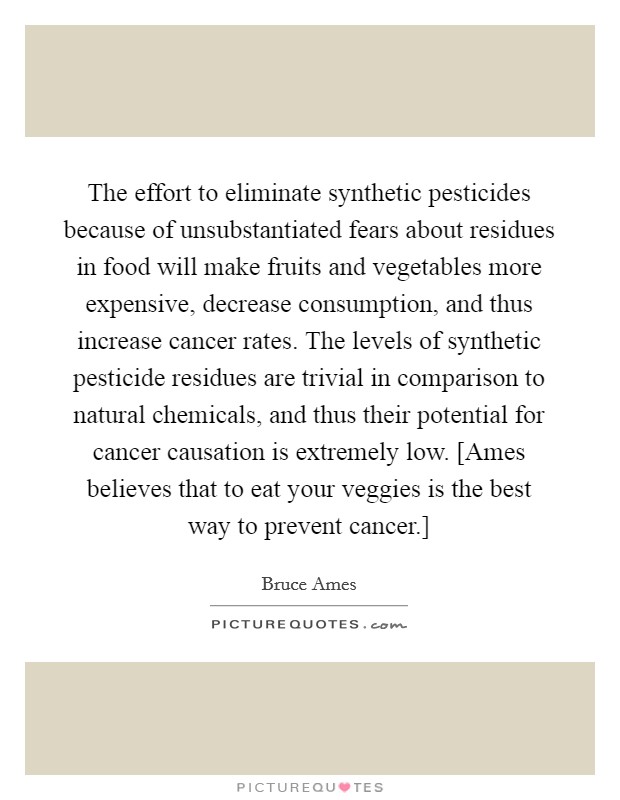 The effort to eliminate synthetic pesticides because of unsubstantiated fears about residues in food will make fruits and vegetables more expensive, decrease consumption, and thus increase cancer rates. The levels of synthetic pesticide residues are trivial in comparison to natural chemicals, and thus their potential for cancer causation is extremely low. [Ames believes that to eat your veggies is the best way to prevent cancer.] Picture Quote #1