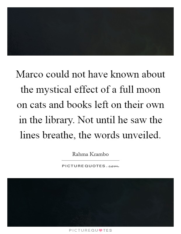 Marco could not have known about the mystical effect of a full moon on cats and books left on their own in the library. Not until he saw the lines breathe, the words unveiled. Picture Quote #1