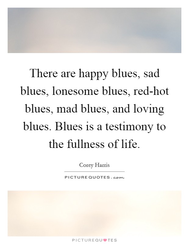There are happy blues, sad blues, lonesome blues, red-hot blues, mad blues, and loving blues. Blues is a testimony to the fullness of life. Picture Quote #1