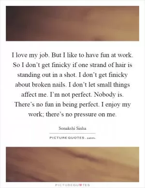 I love my job. But I like to have fun at work. So I don’t get finicky if one strand of hair is standing out in a shot. I don’t get finicky about broken nails. I don’t let small things affect me. I’m not perfect. Nobody is. There’s no fun in being perfect. I enjoy my work; there’s no pressure on me Picture Quote #1