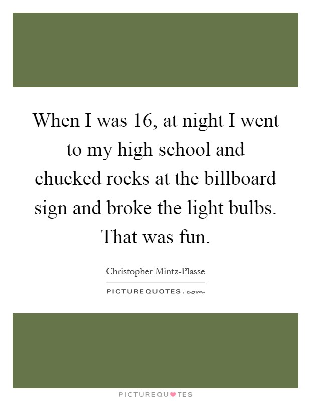 When I was 16, at night I went to my high school and chucked rocks at the billboard sign and broke the light bulbs. That was fun. Picture Quote #1