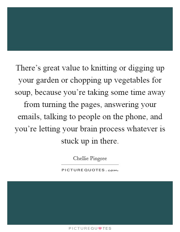 There's great value to knitting or digging up your garden or chopping up vegetables for soup, because you're taking some time away from turning the pages, answering your emails, talking to people on the phone, and you're letting your brain process whatever is stuck up in there. Picture Quote #1