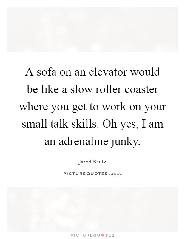 A sofa on an elevator would be like a slow roller coaster where you get to work on your small talk skills. Oh yes, I am an adrenaline junky. Picture Quote #1