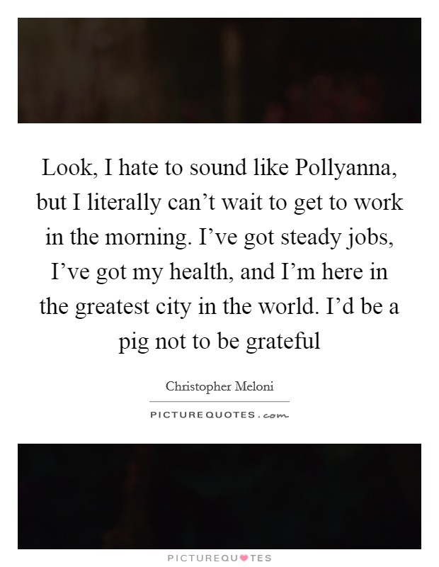 Look, I hate to sound like Pollyanna, but I literally can't wait to get to work in the morning. I've got steady jobs, I've got my health, and I'm here in the greatest city in the world. I'd be a pig not to be grateful Picture Quote #1