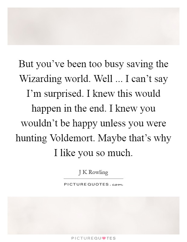 But you've been too busy saving the Wizarding world. Well ... I can't say I'm surprised. I knew this would happen in the end. I knew you wouldn't be happy unless you were hunting Voldemort. Maybe that's why I like you so much. Picture Quote #1