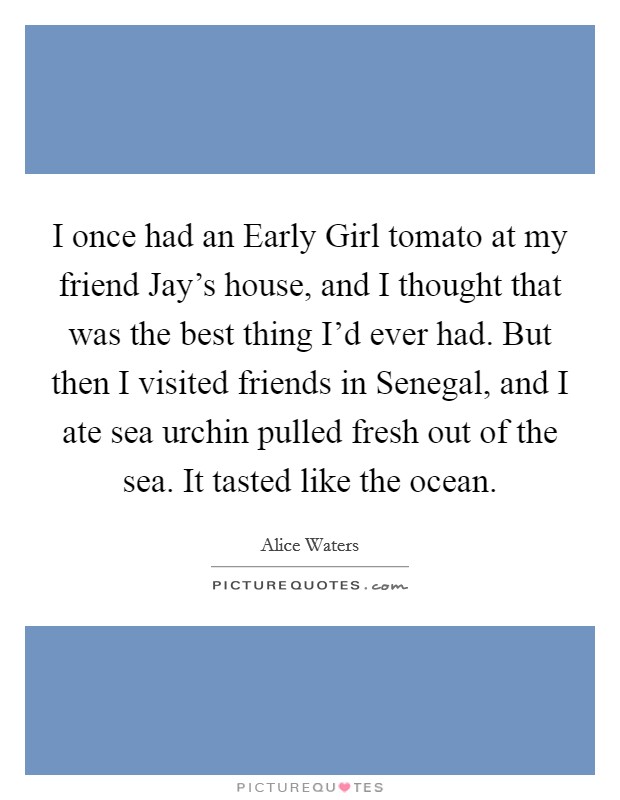 I once had an Early Girl tomato at my friend Jay's house, and I thought that was the best thing I'd ever had. But then I visited friends in Senegal, and I ate sea urchin pulled fresh out of the sea. It tasted like the ocean. Picture Quote #1