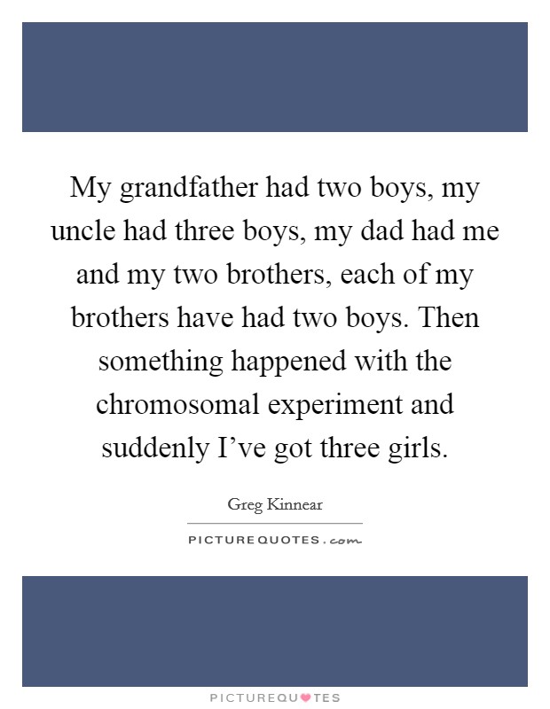My grandfather had two boys, my uncle had three boys, my dad had me and my two brothers, each of my brothers have had two boys. Then something happened with the chromosomal experiment and suddenly I’ve got three girls Picture Quote #1