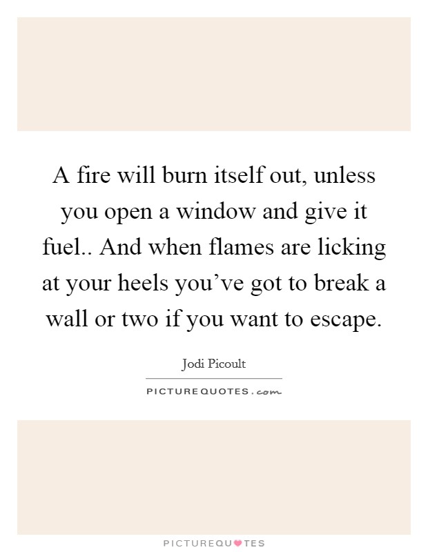 A fire will burn itself out, unless you open a window and give it fuel.. And when flames are licking at your heels you've got to break a wall or two if you want to escape. Picture Quote #1