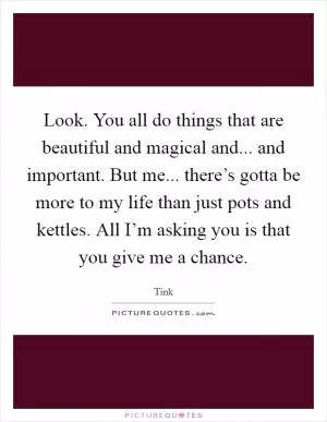Look. You all do things that are beautiful and magical and... and important. But me... there’s gotta be more to my life than just pots and kettles. All I’m asking you is that you give me a chance Picture Quote #1