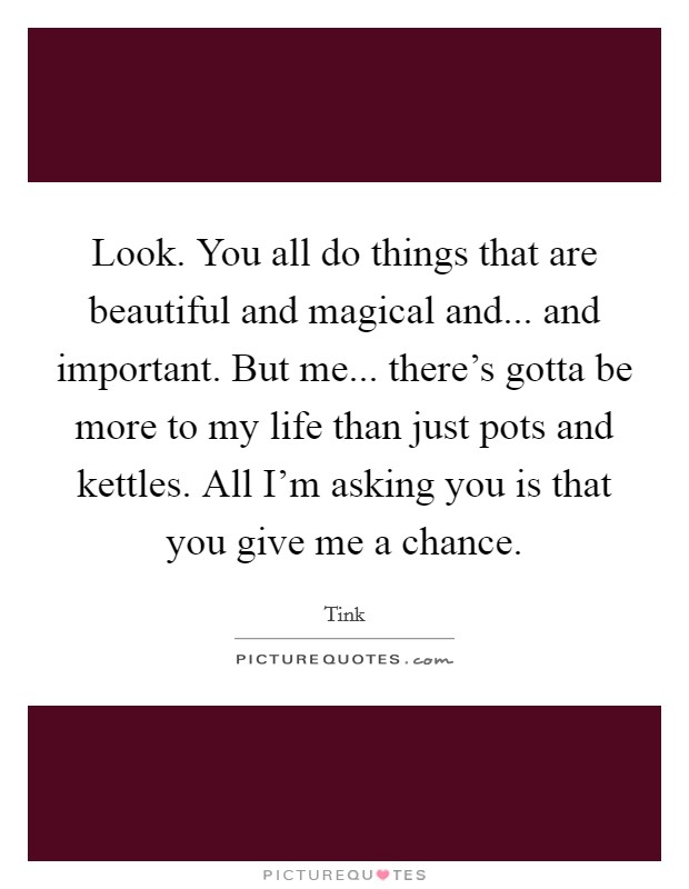 Look. You all do things that are beautiful and magical and... and important. But me... there's gotta be more to my life than just pots and kettles. All I'm asking you is that you give me a chance. Picture Quote #1