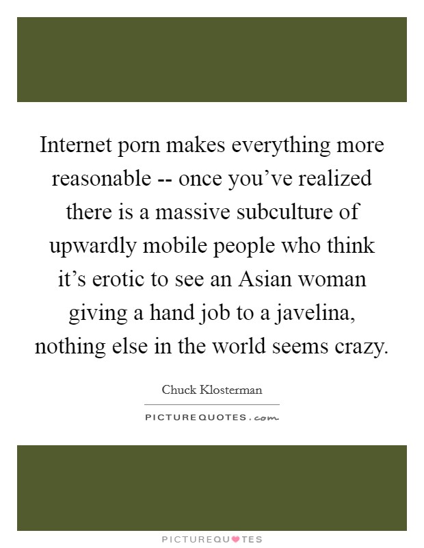 Internet porn makes everything more reasonable -- once you've realized there is a massive subculture of upwardly mobile people who think it's erotic to see an Asian woman giving a hand job to a javelina, nothing else in the world seems crazy. Picture Quote #1
