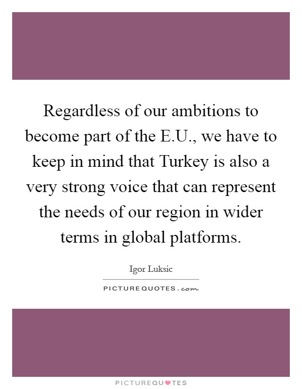 Regardless of our ambitions to become part of the E.U., we have to keep in mind that Turkey is also a very strong voice that can represent the needs of our region in wider terms in global platforms. Picture Quote #1
