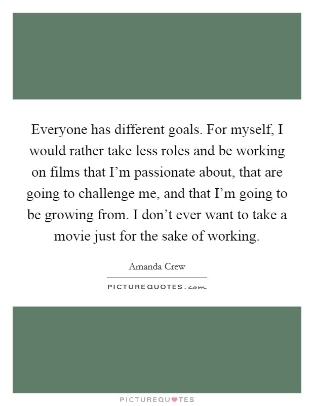 Everyone has different goals. For myself, I would rather take less roles and be working on films that I'm passionate about, that are going to challenge me, and that I'm going to be growing from. I don't ever want to take a movie just for the sake of working. Picture Quote #1