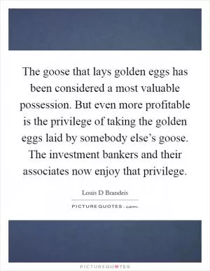 The goose that lays golden eggs has been considered a most valuable possession. But even more profitable is the privilege of taking the golden eggs laid by somebody else’s goose. The investment bankers and their associates now enjoy that privilege Picture Quote #1