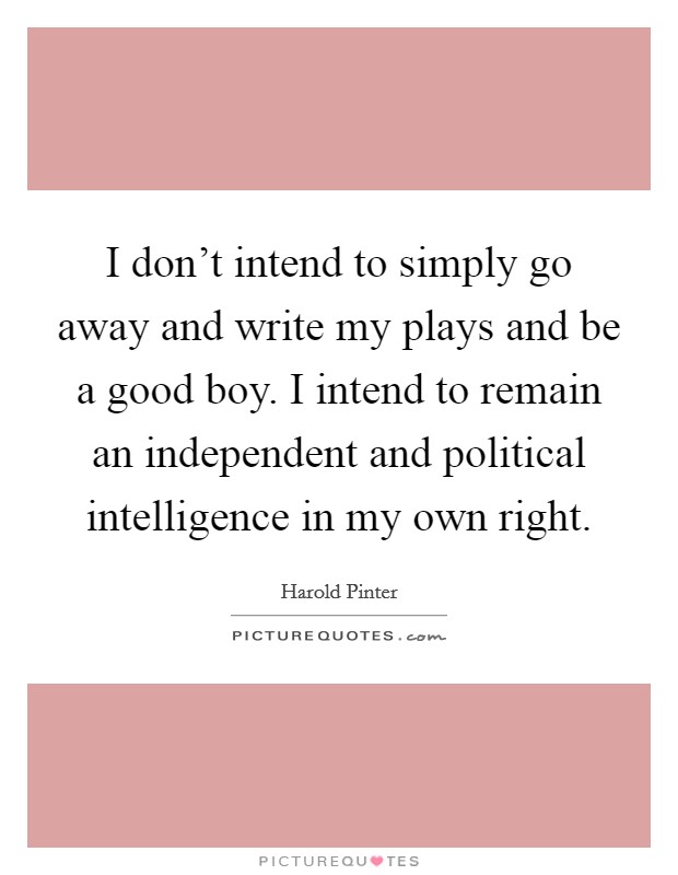 I don't intend to simply go away and write my plays and be a good boy. I intend to remain an independent and political intelligence in my own right. Picture Quote #1