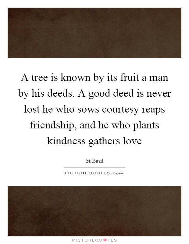 A tree is known by its fruit a man by his deeds. A good deed is never lost he who sows courtesy reaps friendship, and he who plants kindness gathers love Picture Quote #1
