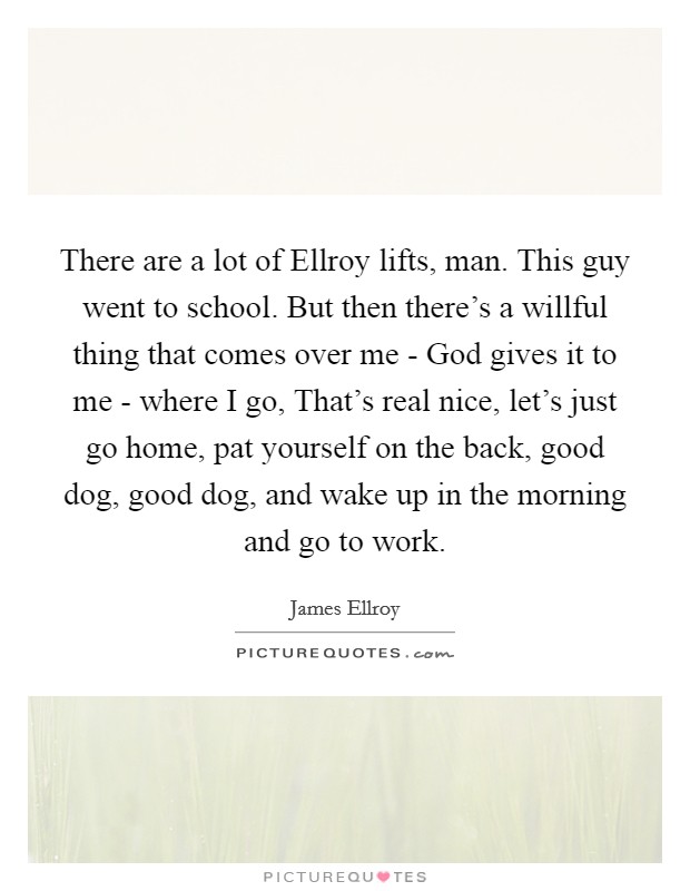 There are a lot of Ellroy lifts, man. This guy went to school. But then there's a willful thing that comes over me - God gives it to me - where I go, That's real nice, let's just go home, pat yourself on the back, good dog, good dog, and wake up in the morning and go to work. Picture Quote #1