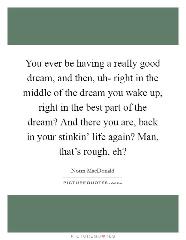 You ever be having a really good dream, and then, uh- right in the middle of the dream you wake up, right in the best part of the dream? And there you are, back in your stinkin' life again? Man, that's rough, eh? Picture Quote #1