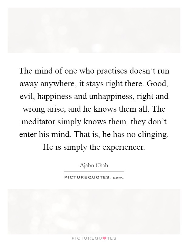 The mind of one who practises doesn't run away anywhere, it stays right there. Good, evil, happiness and unhappiness, right and wrong arise, and he knows them all. The meditator simply knows them, they don't enter his mind. That is, he has no clinging. He is simply the experiencer. Picture Quote #1