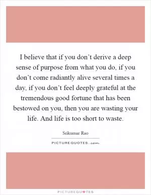 I believe that if you don’t derive a deep sense of purpose from what you do, if you don’t come radiantly alive several times a day, if you don’t feel deeply grateful at the tremendous good fortune that has been bestowed on you, then you are wasting your life. And life is too short to waste Picture Quote #1