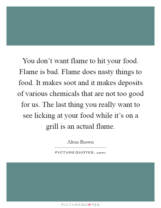 You don't want flame to hit your food. Flame is bad. Flame does nasty things to food. It makes soot and it makes deposits of various chemicals that are not too good for us. The last thing you really want to see licking at your food while it's on a grill is an actual flame. Picture Quote #1