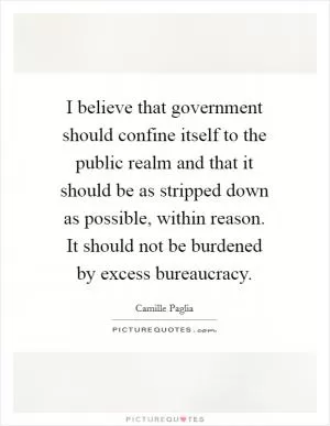 I believe that government should confine itself to the public realm and that it should be as stripped down as possible, within reason. It should not be burdened by excess bureaucracy Picture Quote #1