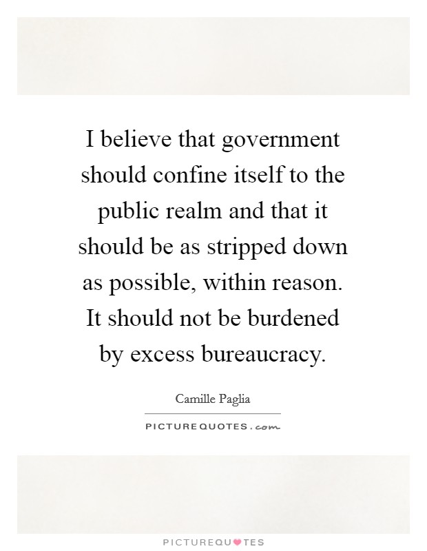I believe that government should confine itself to the public realm and that it should be as stripped down as possible, within reason. It should not be burdened by excess bureaucracy. Picture Quote #1