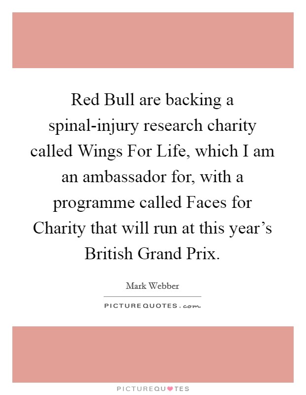Red Bull are backing a spinal-injury research charity called Wings For Life, which I am an ambassador for, with a programme called Faces for Charity that will run at this year's British Grand Prix. Picture Quote #1