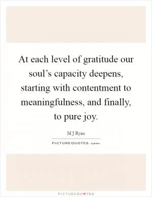 At each level of gratitude our soul’s capacity deepens, starting with contentment to meaningfulness, and finally, to pure joy Picture Quote #1