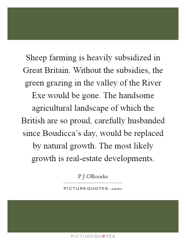 Sheep farming is heavily subsidized in Great Britain. Without the subsidies, the green grazing in the valley of the River Exe would be gone. The handsome agricultural landscape of which the British are so proud, carefully husbanded since Boudicca's day, would be replaced by natural growth. The most likely growth is real-estate developments. Picture Quote #1