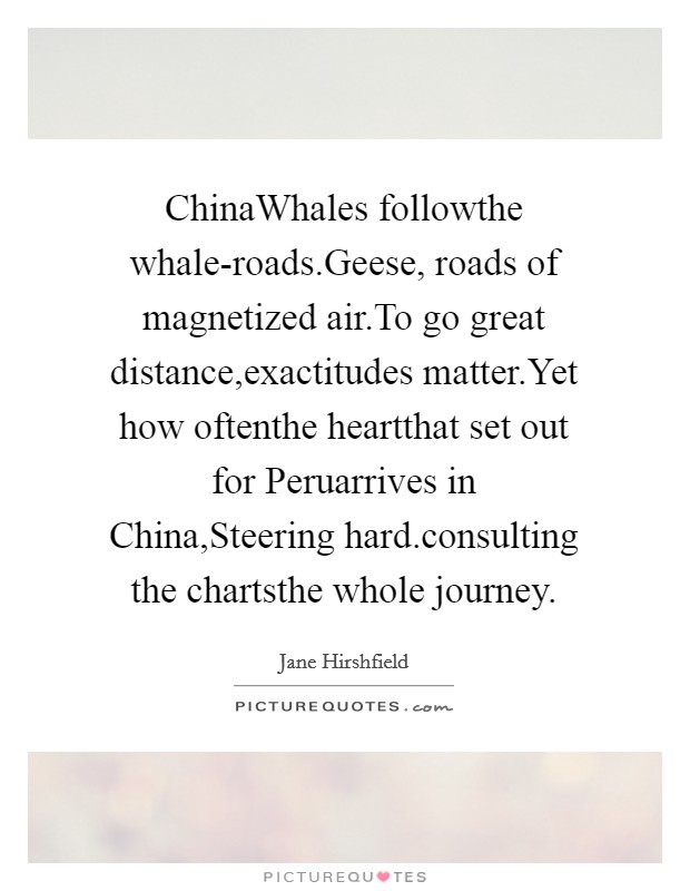 ChinaWhales followthe whale-roads.Geese, roads of magnetized air.To go great distance,exactitudes matter.Yet how oftenthe heartthat set out for Peruarrives in China,Steering hard.consulting the chartsthe whole journey. Picture Quote #1