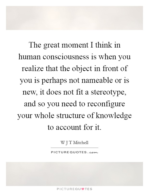 The great moment I think in human consciousness is when you realize that the object in front of you is perhaps not nameable or is new, it does not fit a stereotype, and so you need to reconfigure your whole structure of knowledge to account for it. Picture Quote #1