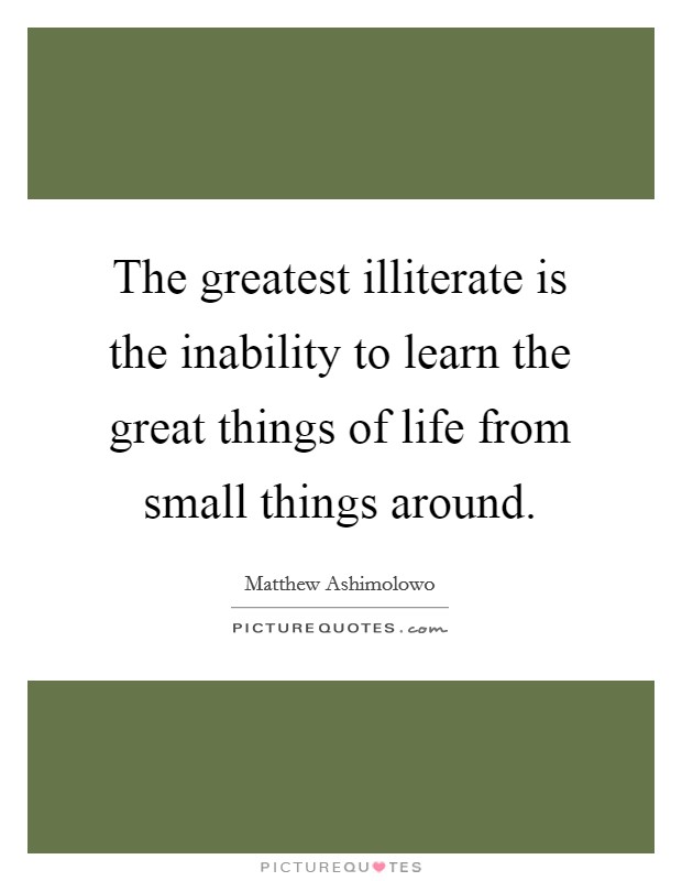 The greatest illiterate is the inability to learn the great things of life from small things around. Picture Quote #1