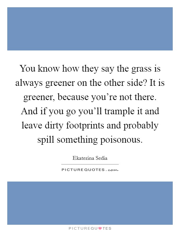 You know how they say the grass is always greener on the other side? It is greener, because you're not there. And if you go you'll trample it and leave dirty footprints and probably spill something poisonous. Picture Quote #1