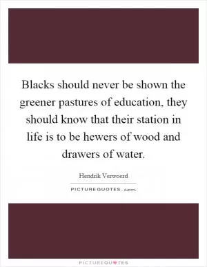 Blacks should never be shown the greener pastures of education, they should know that their station in life is to be hewers of wood and drawers of water Picture Quote #1