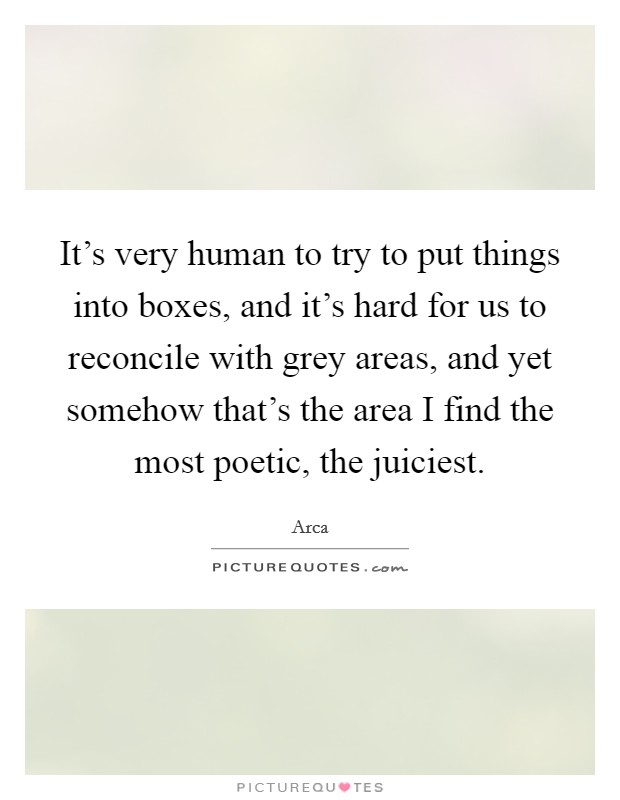 It's very human to try to put things into boxes, and it's hard for us to reconcile with grey areas, and yet somehow that's the area I find the most poetic, the juiciest. Picture Quote #1