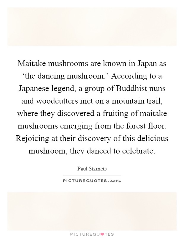 Maitake mushrooms are known in Japan as ‘the dancing mushroom.' According to a Japanese legend, a group of Buddhist nuns and woodcutters met on a mountain trail, where they discovered a fruiting of maitake mushrooms emerging from the forest floor. Rejoicing at their discovery of this delicious mushroom, they danced to celebrate. Picture Quote #1