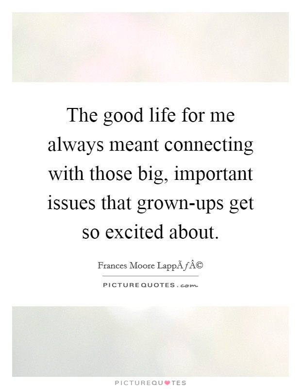 The good life for me always meant connecting with those big, important issues that grown-ups get so excited about. Picture Quote #1