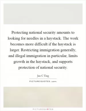 Protecting national security amounts to looking for needles in a haystack. The work becomes more difficult if the haystack is larger. Restricting immigration generally, and illegal immigration in particular, limits growth in the haystack, and supports protection of national security Picture Quote #1